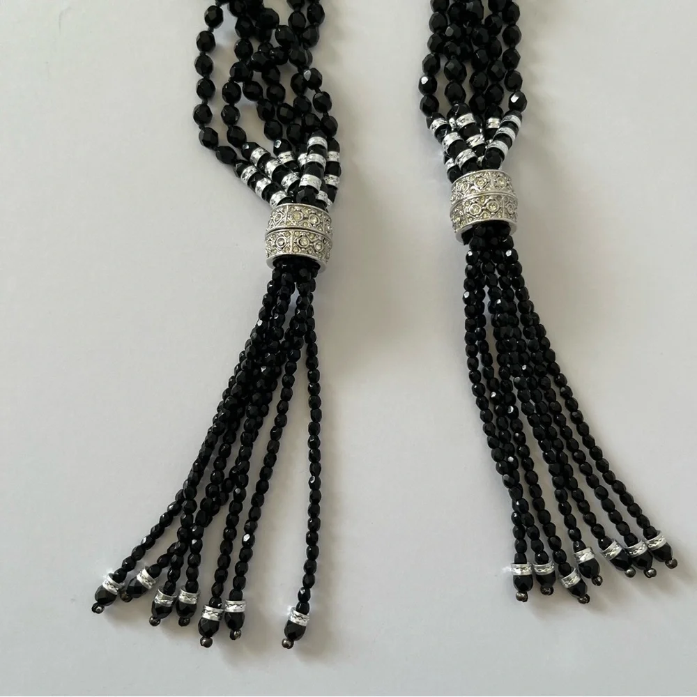 Amazing Vintage Black Beaded Multi Strap Long Tassel Necklace Art Deco Flapper